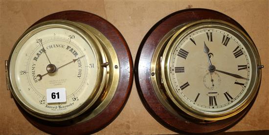 Brass bulkhead clock and a barometer